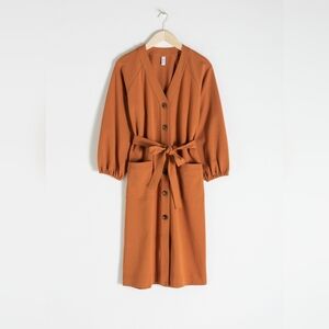 & Other Stories Belted Cotton Midi Dress Size 6 in Camel/Orange.